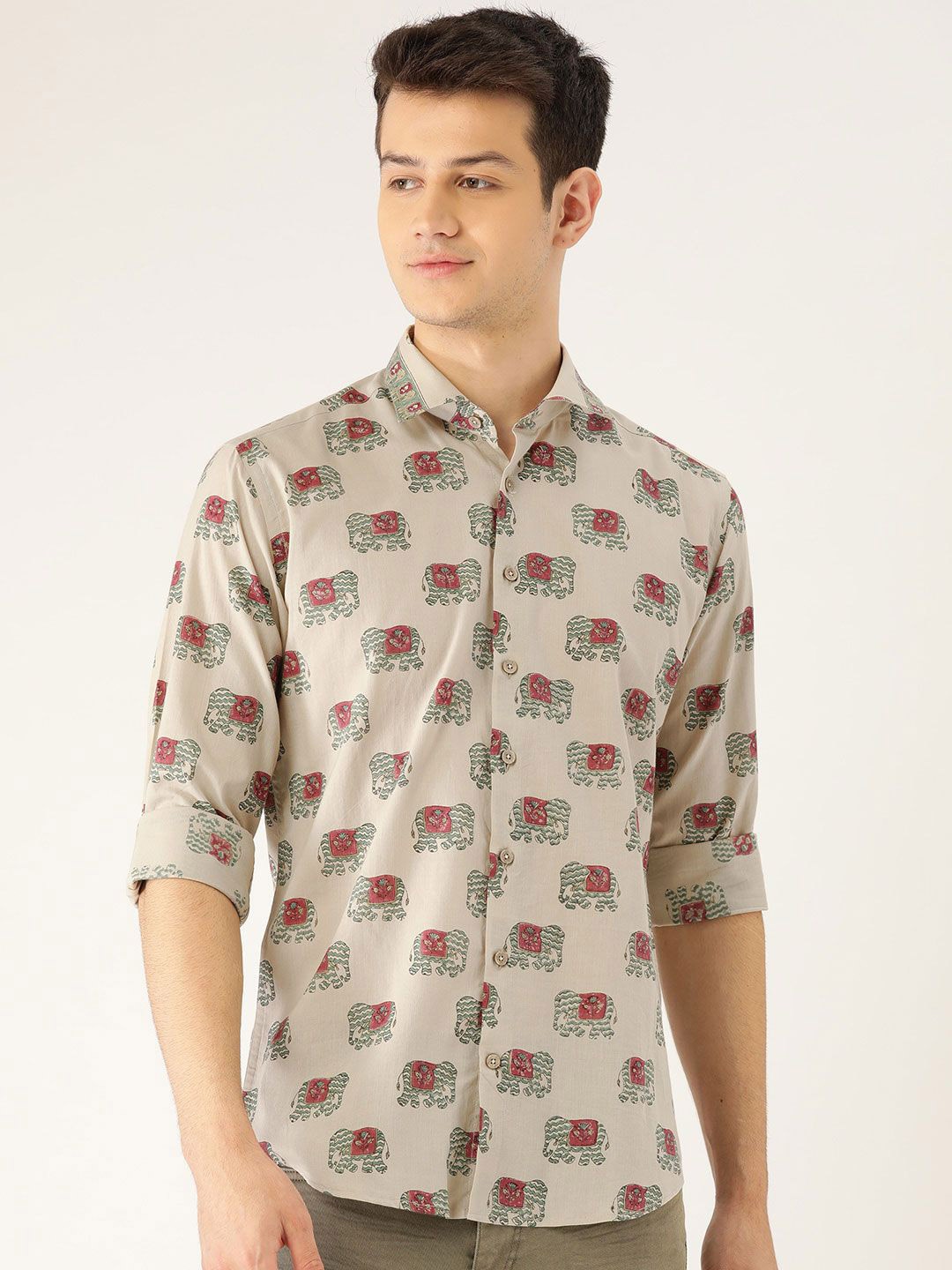 

Tistabene Men Slim Fit Animal Opaque Printed Casual Shirt, Khaki