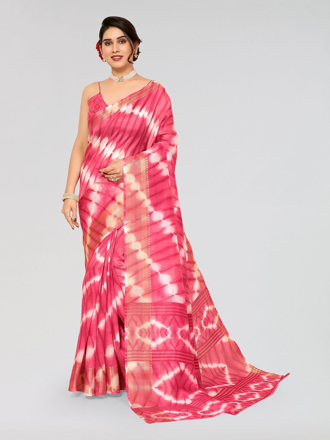 

Moda Rapido Tie and Dye Zari Saree, Pink
