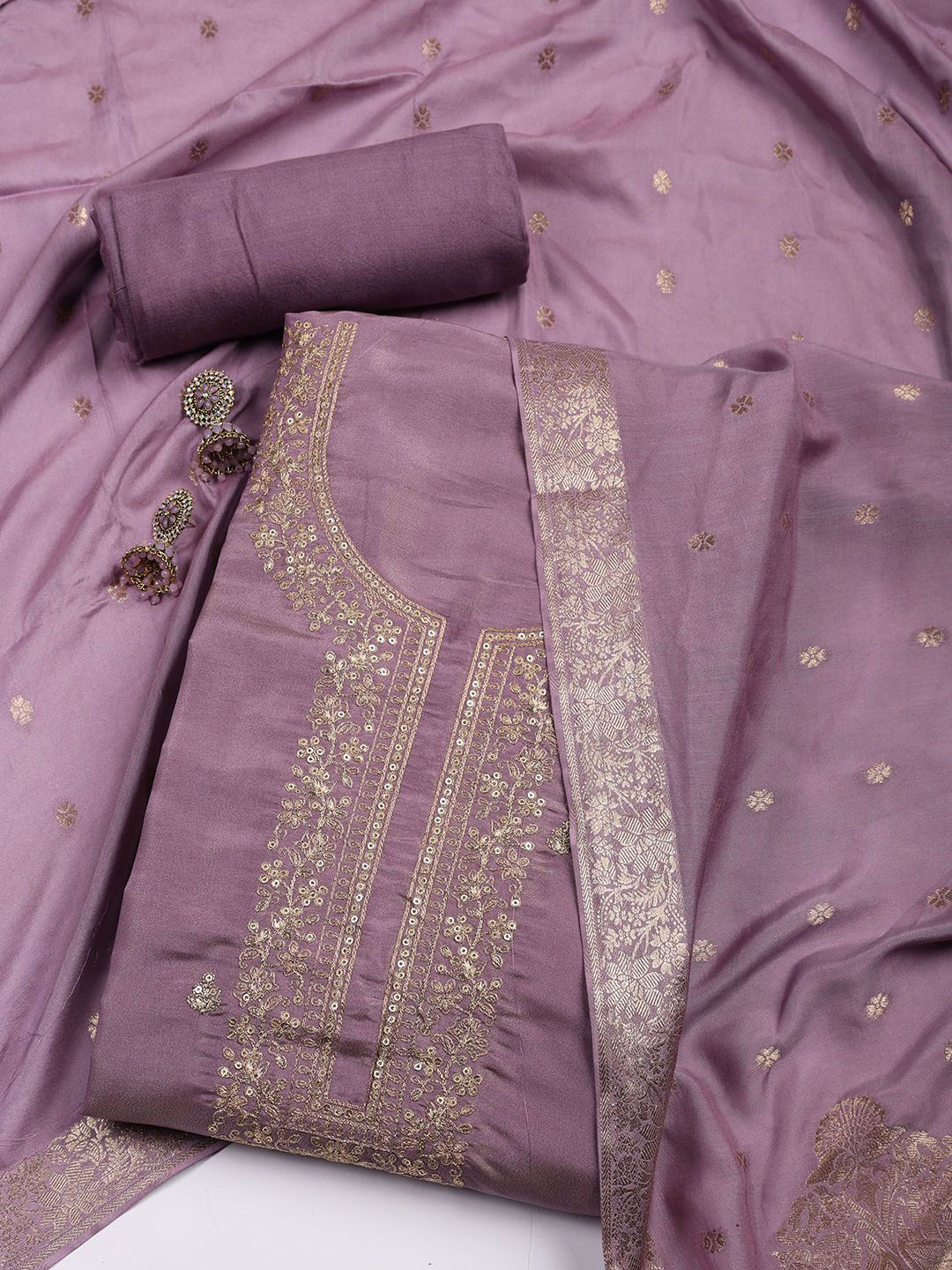 

Meena Bazaar Floral Embroidered Sequinned Chanderi Silk Unstitched Dress Material, Mauve