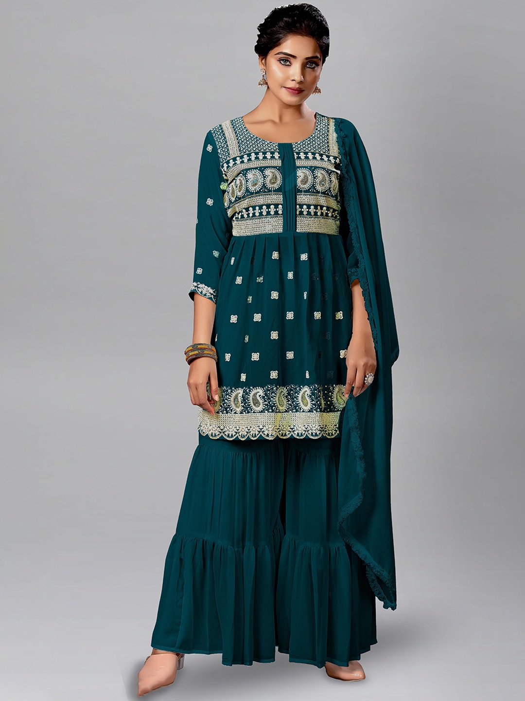 

SANCIA Ethnic Motifs Embroidered A Line Kurti with Sharara & Dupatta, Teal