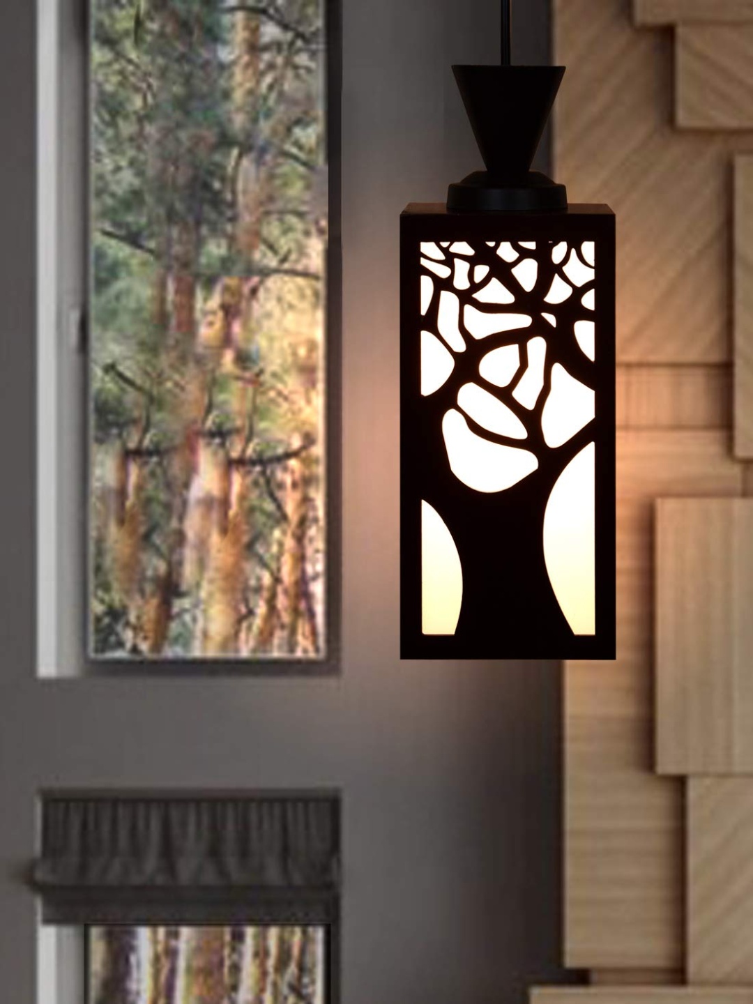 

Gojeeva Black & White Textured Wooden Square Shaped Celling Lamp