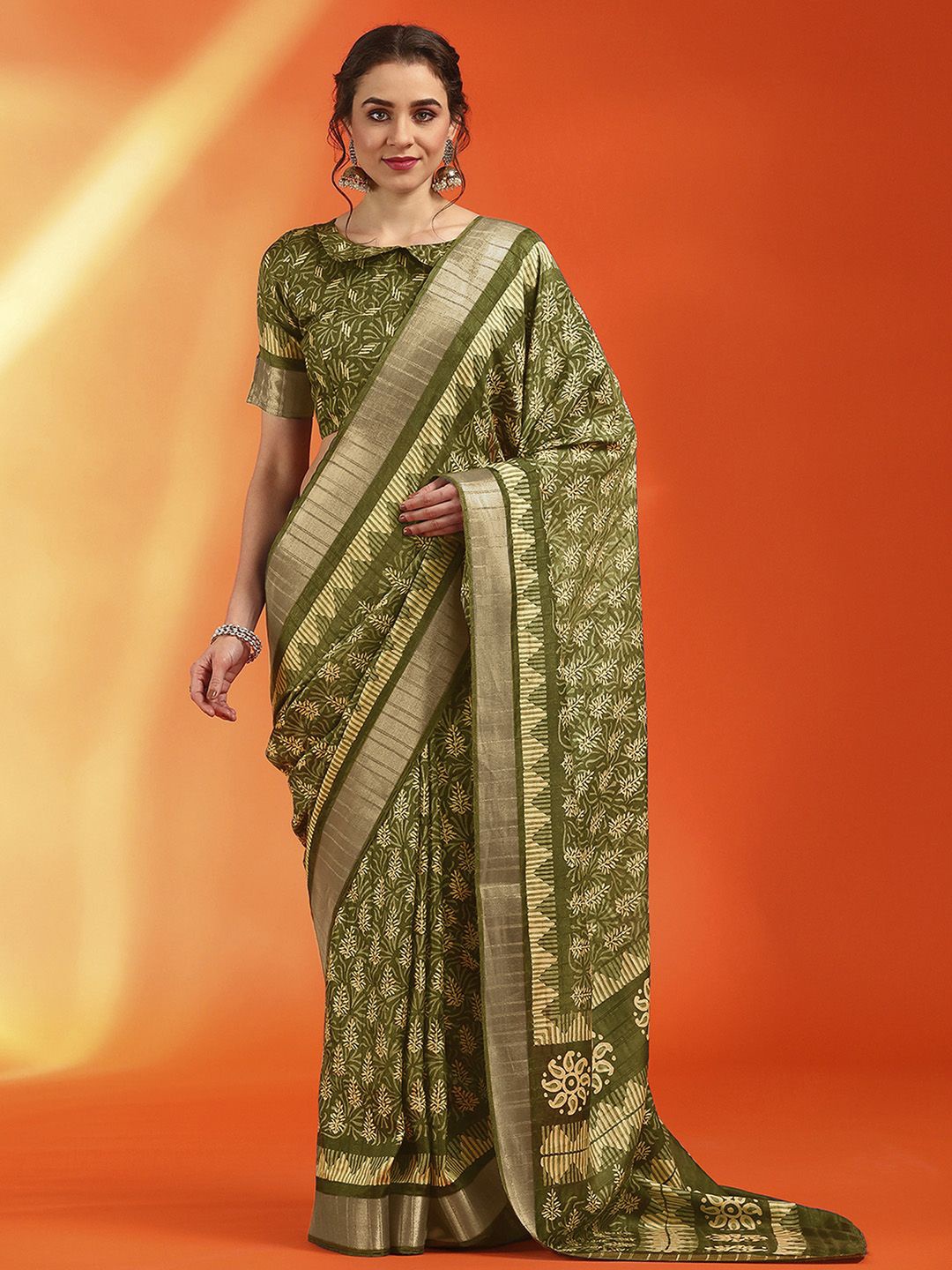 

Anouk Rustic Ethnic Motifs Zari Silk Cotton Sungudi Saree, Olive