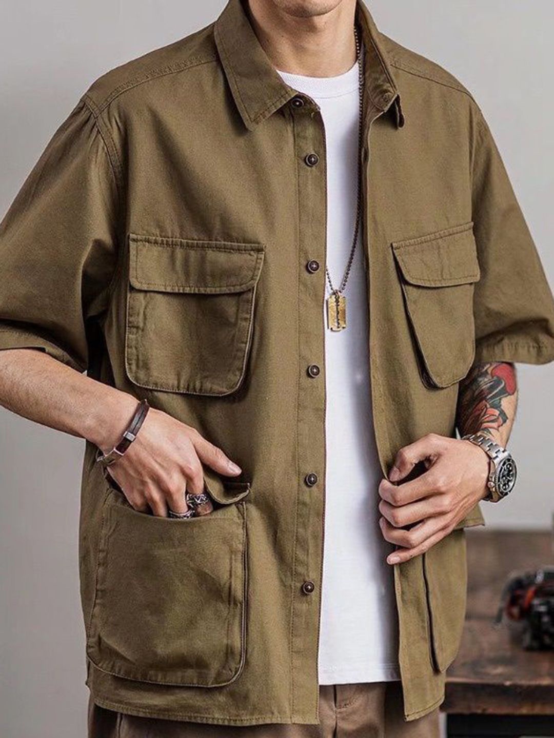 

HERE&NOW Men Opaque Casual Shirt, Khaki