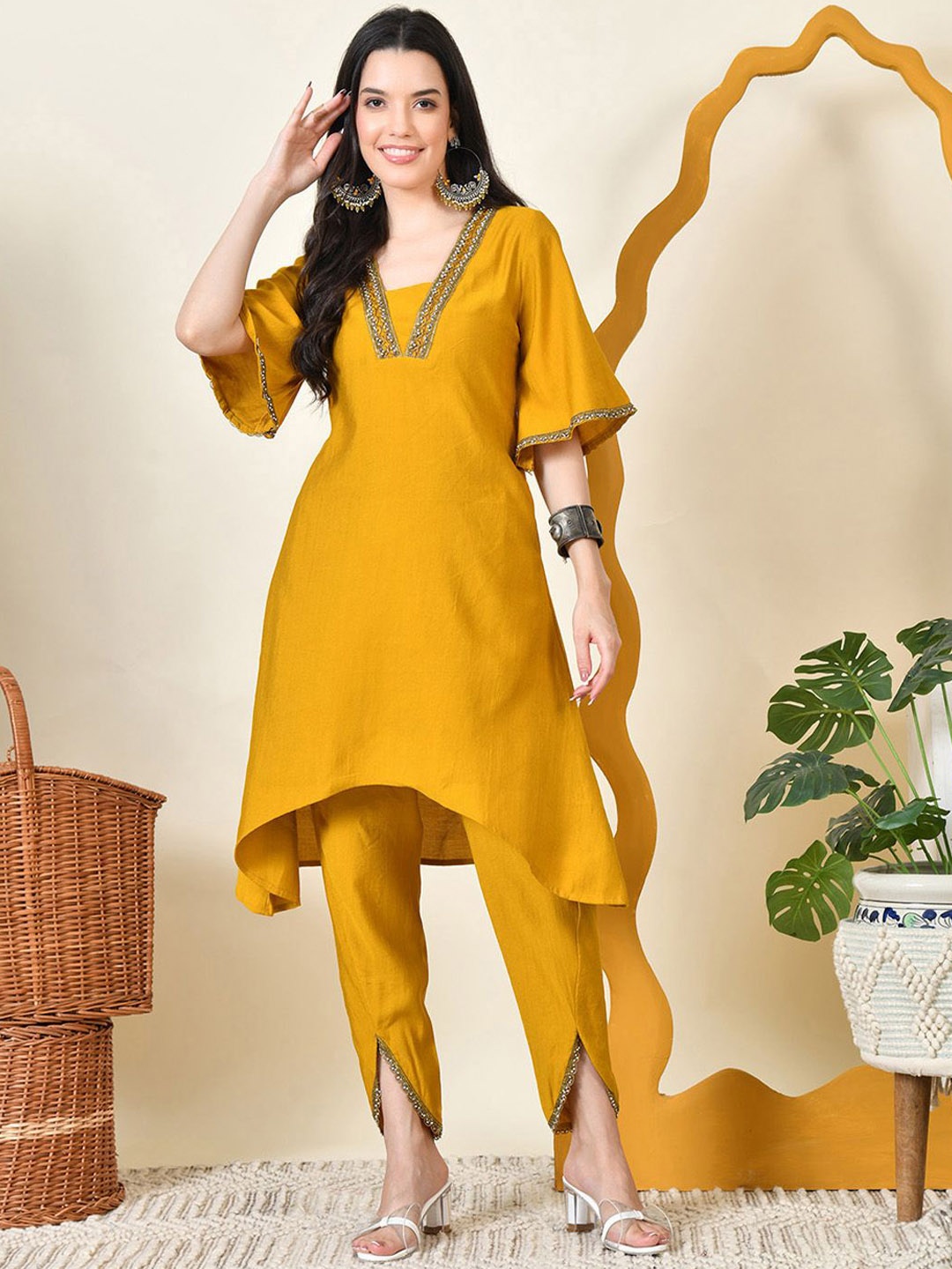 

KALINI V-Neck Sequinned A-Line Kurta with Dhoti Pants, Mustard
