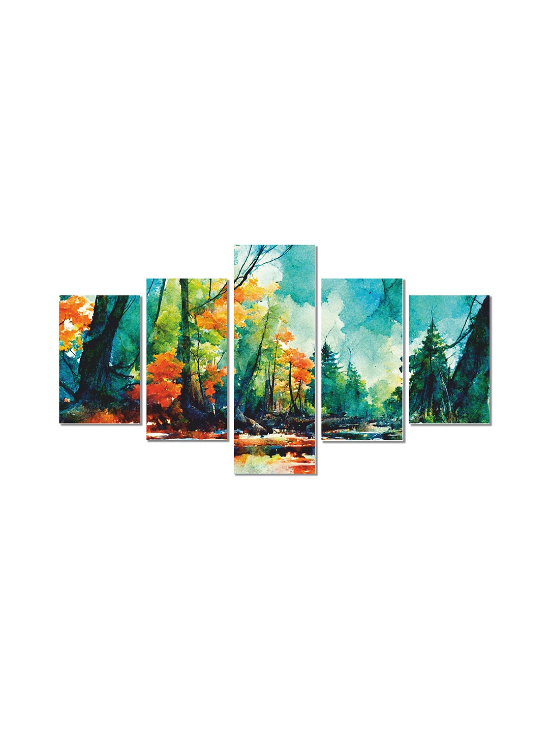 

CVANU 5 Pieces Blue & Orange Floral Printed Wooden Wall Art