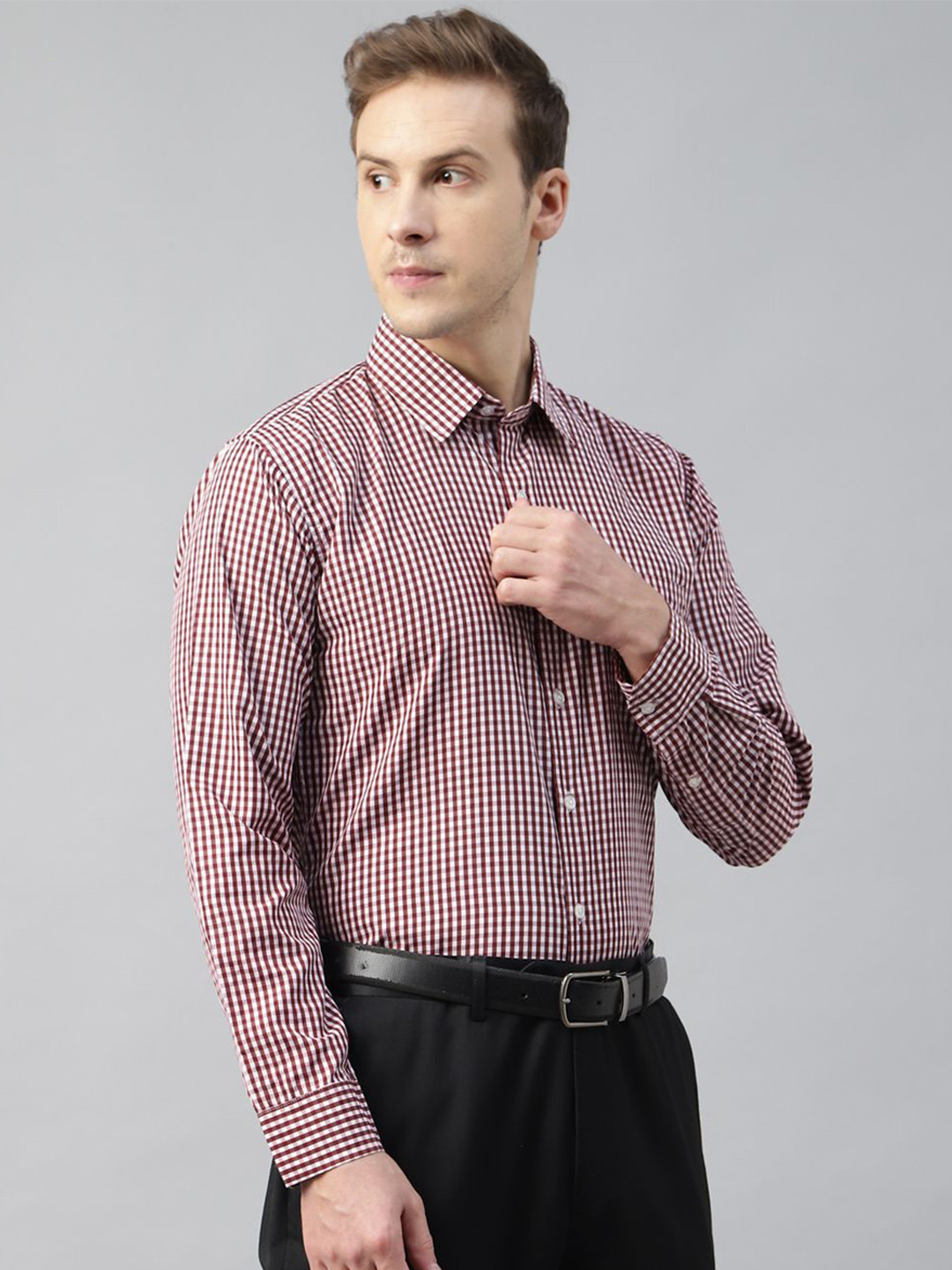 

PulseIQ Men Slim Fit Gingham Checks Opaque Checked Formal Shirt, Purple