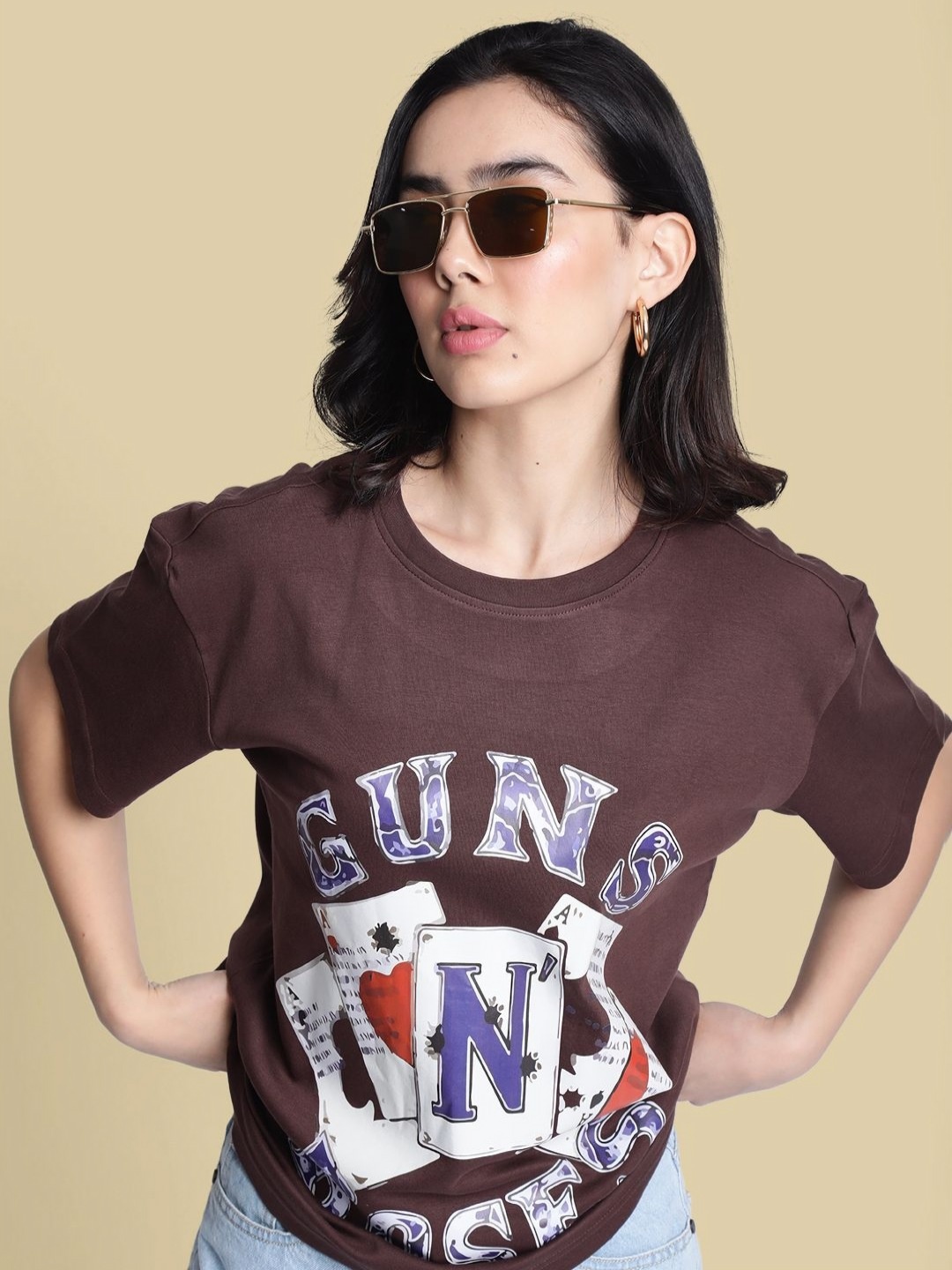 

Bene Kleed Women Printed Drop-Shoulder Sleeves T-shirt, Brown