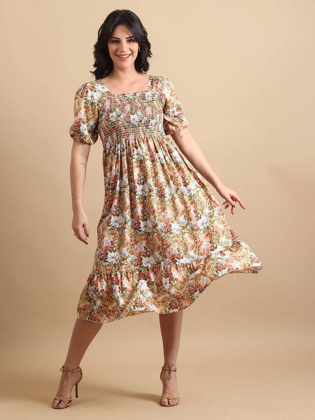 

CROWN CREATION Floral Print Puff Sleeve Crepe Fit & Flare Midi Dress, Brown
