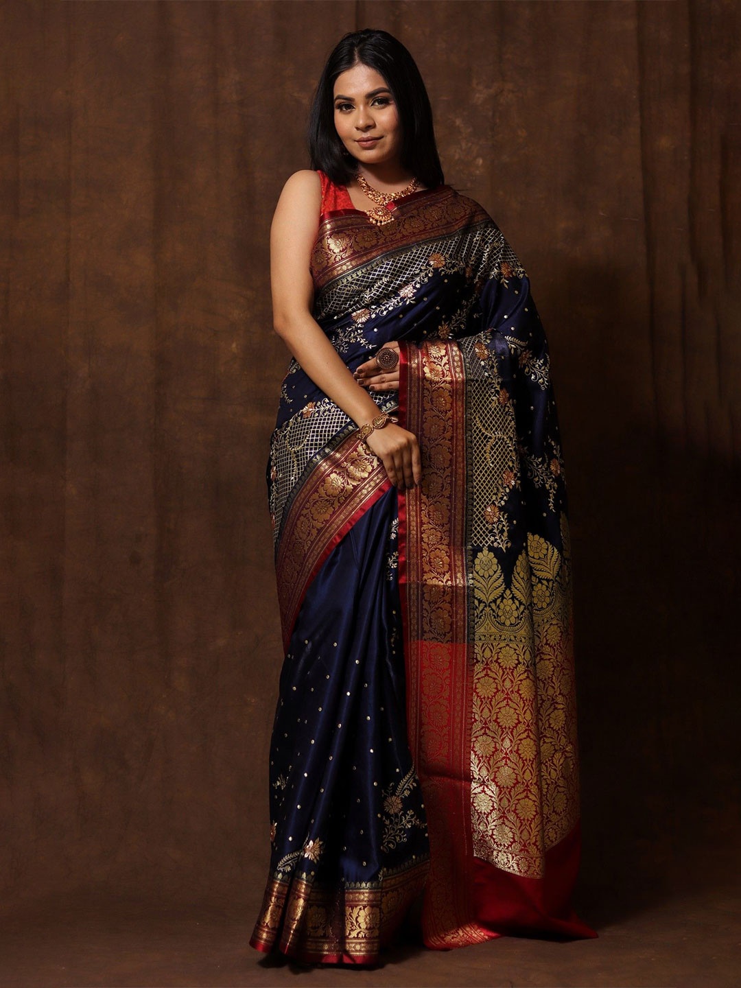 

GS CREATION Woven Design Zari Satin Banarasi Saree, Navy blue