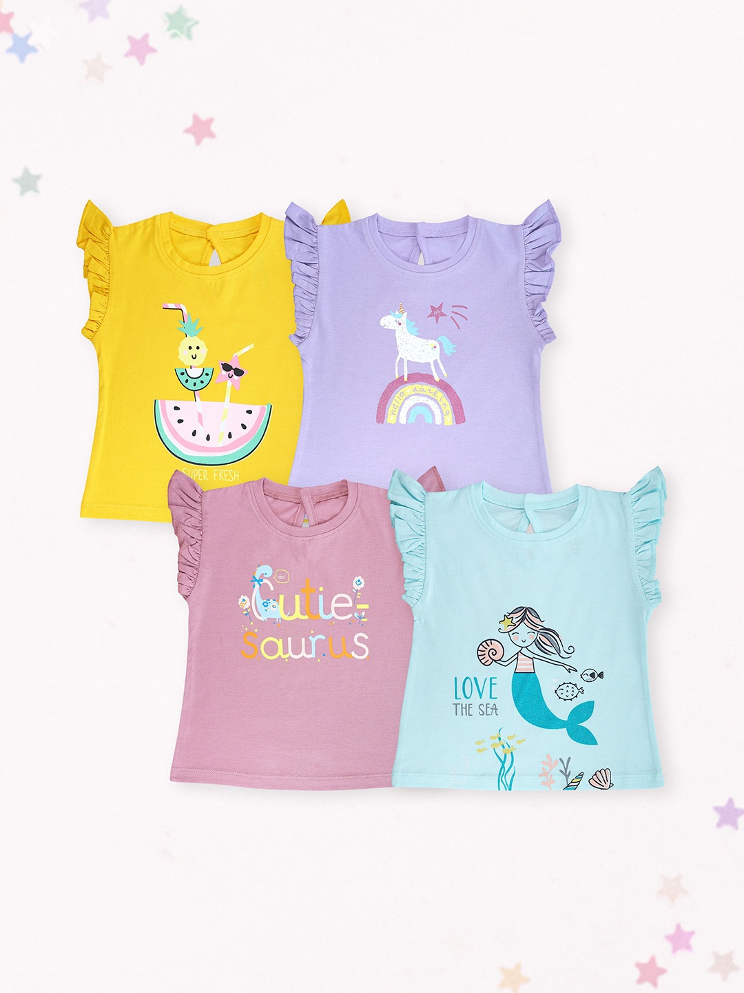 

Miss & Chief Girls 4 Printed Petal Sleeves Pure Cotton Applique T-shirt, Multi