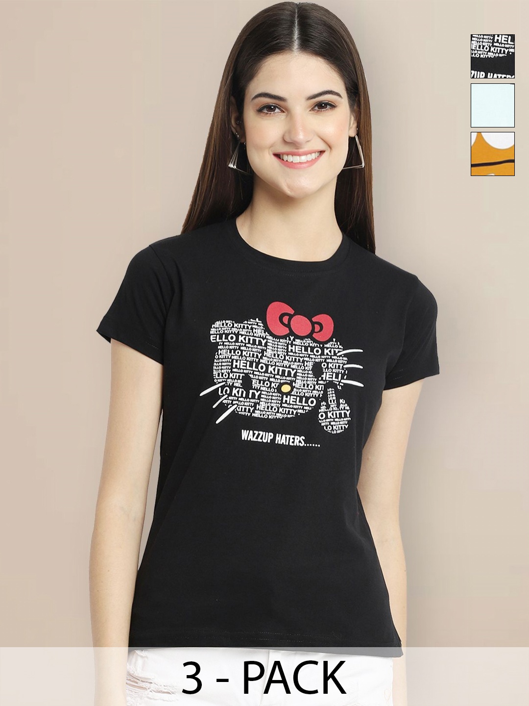 

Metronaut Women Pack of 3 Typography Printed Round Neck Cotton T-shirts, Black