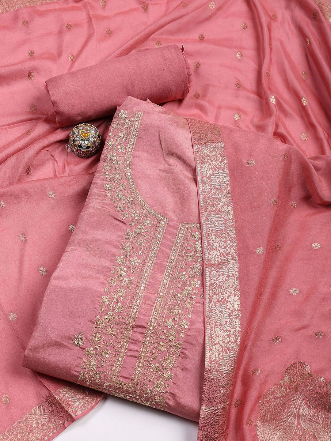 

Meena Bazaar Floral Embroidered Sequinned Chanderi Silk Unstitched Dress Material, Peach