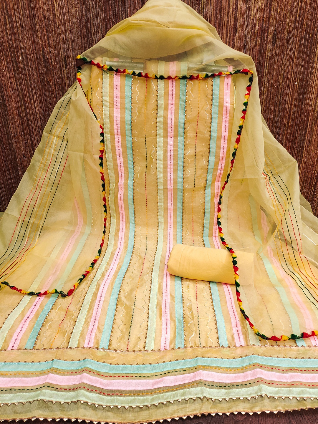 

Rangtulika Geometric Embellished Chanderi Cotton Unstitched Dress Material, Yellow