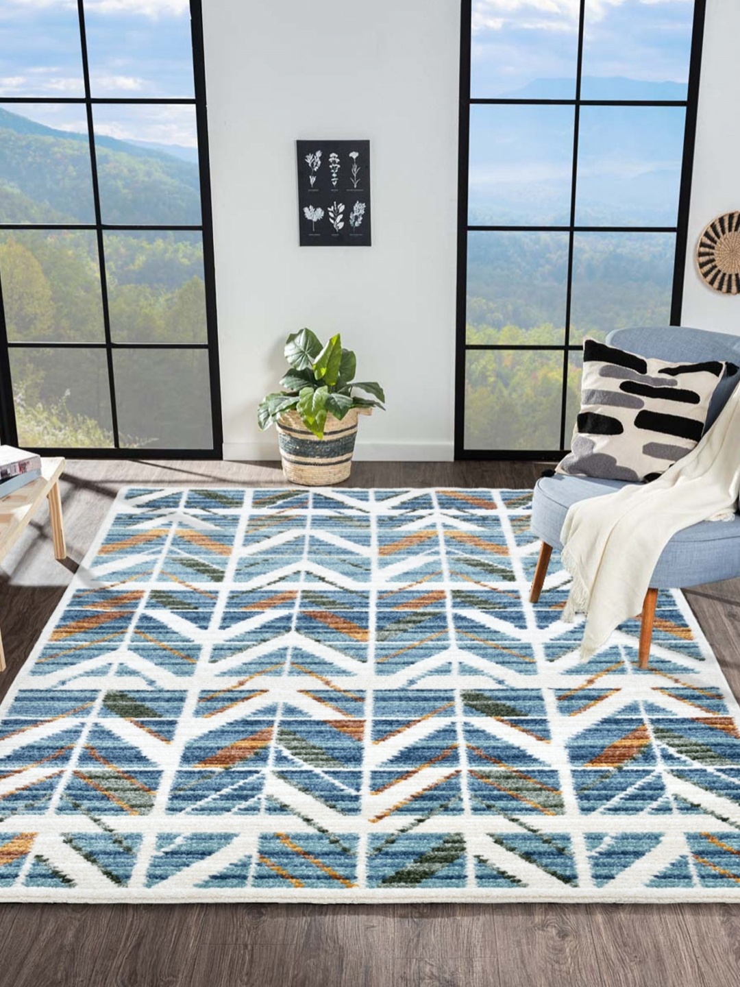 

OBSESSIONS Blue Abstract Printed Anti-Skid Polypropylene Carpet