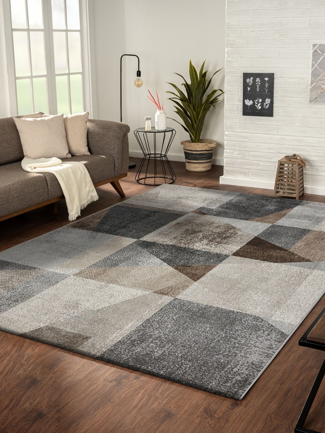 

OBSESSIONS Brown & Cream Geometric Textured Anti-Skid Polypropylene Carpet