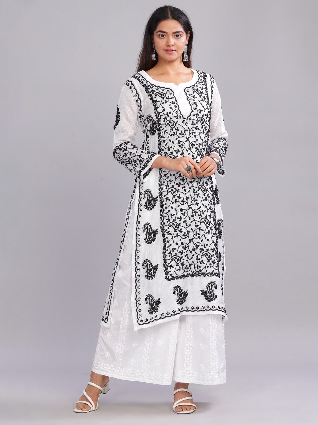 

Club Loom Floral Embroidered Boat Neck Chikankari Pure Cotton Handloom Chikankari Kurti, White