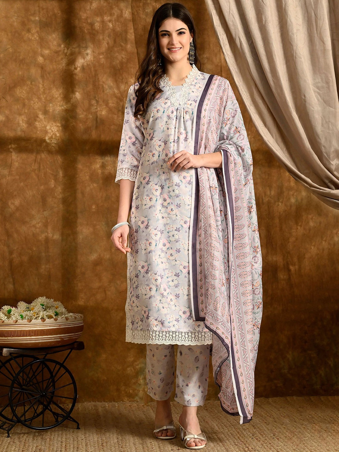 

Anouk Women Floral Printed Pleated Thread Work Pure Cotton Kurta with Trousers & With Dupatta, White