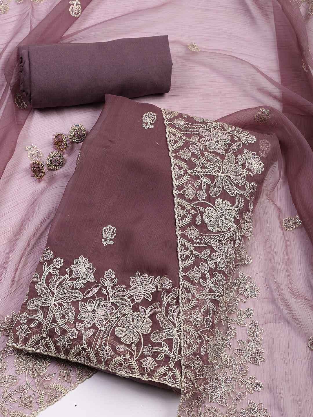 

Meena Bazaar Floral Embroidered Sequinned Organza Unstitched Dress Material, Mauve