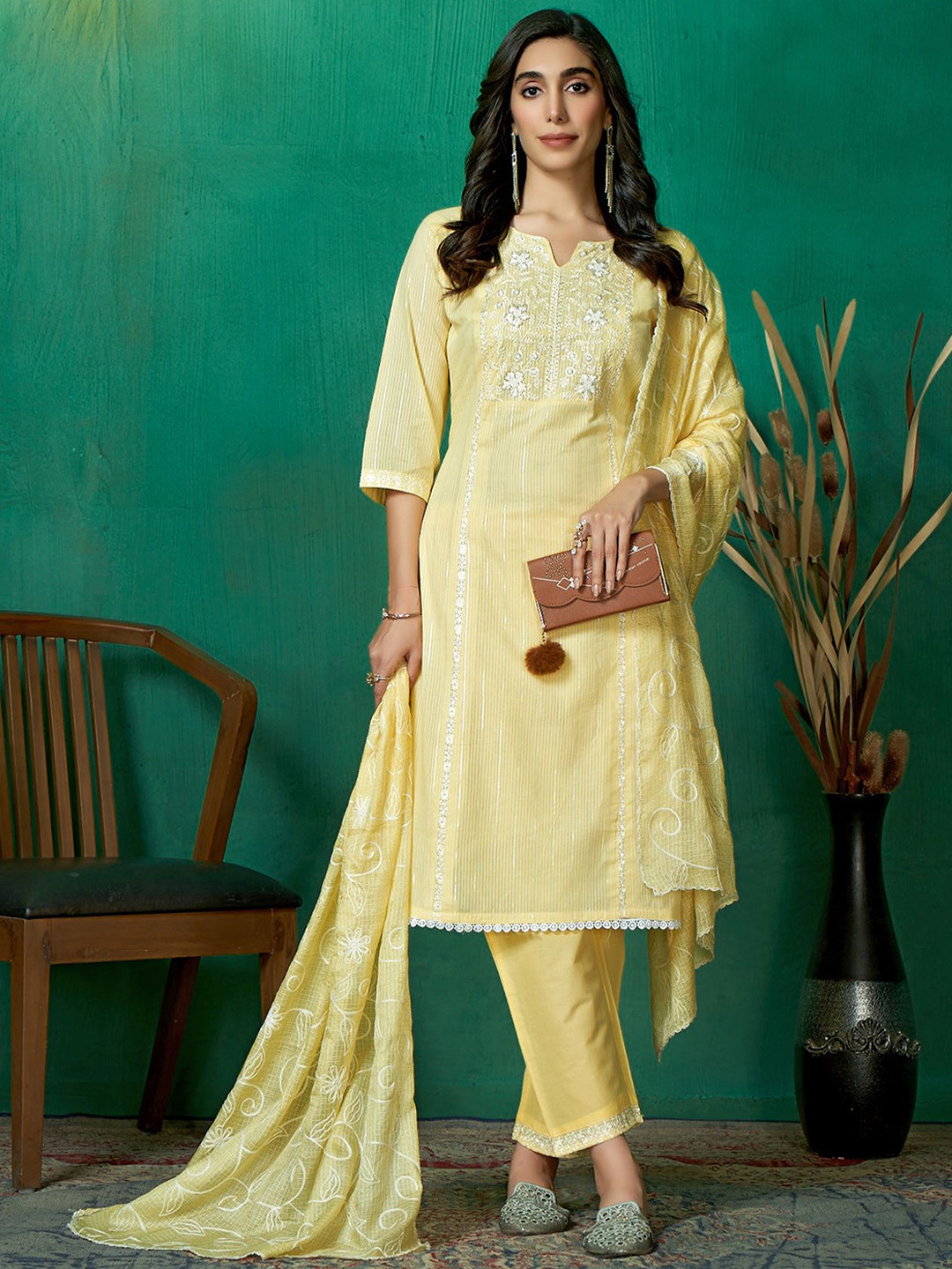 

Sangria Embroidered Pure Cotton Kurta With Trousers & Dupatta, Yellow