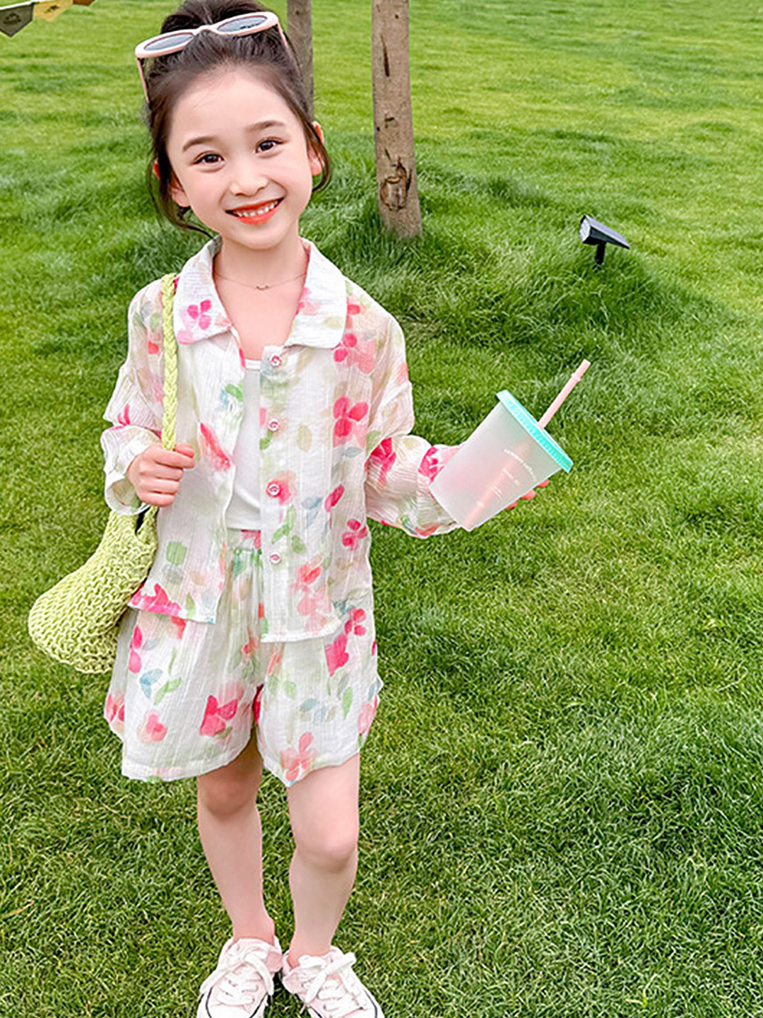 

LULU & SKY Girls Floral Printed Shirt with Shorts, White