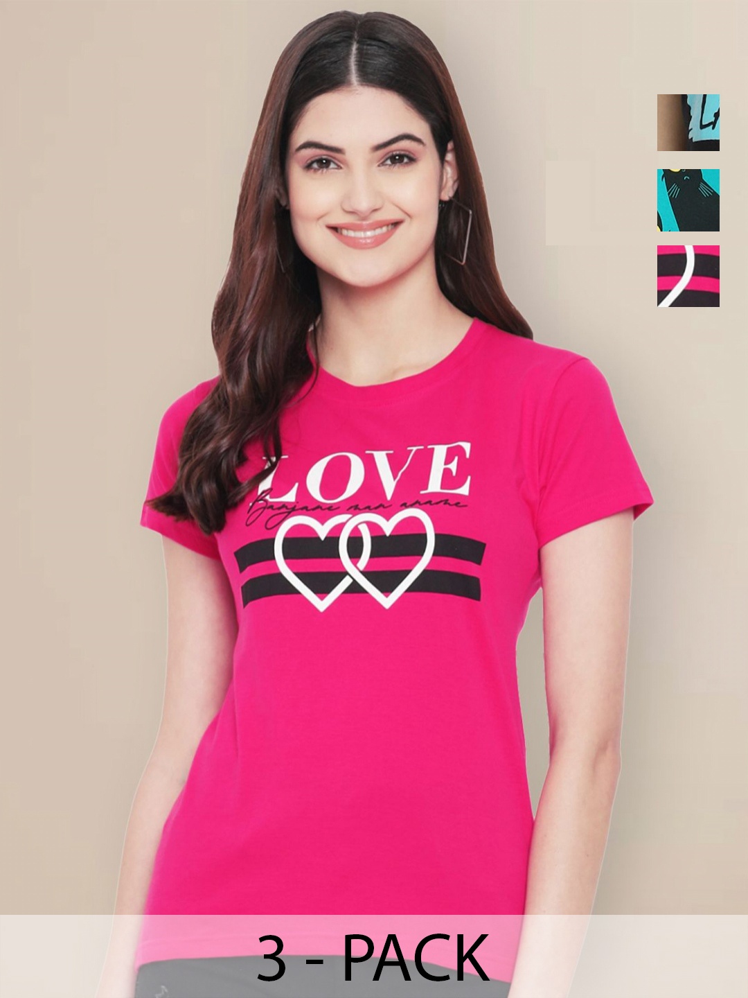 

Metronaut Women Pack of 3 Graphic Printed Round Neck Cotton T-shirts, Pink