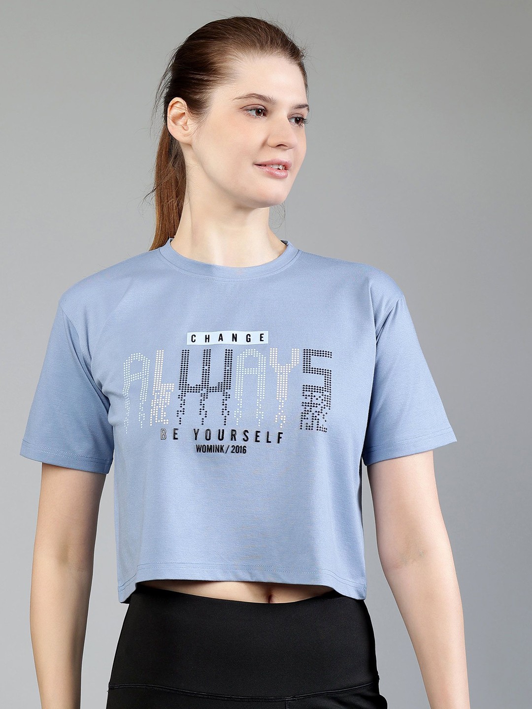 

WOMINK Women Printed Drop-Shoulder Sleeves Ultralite Pockets T-shirt, Blue