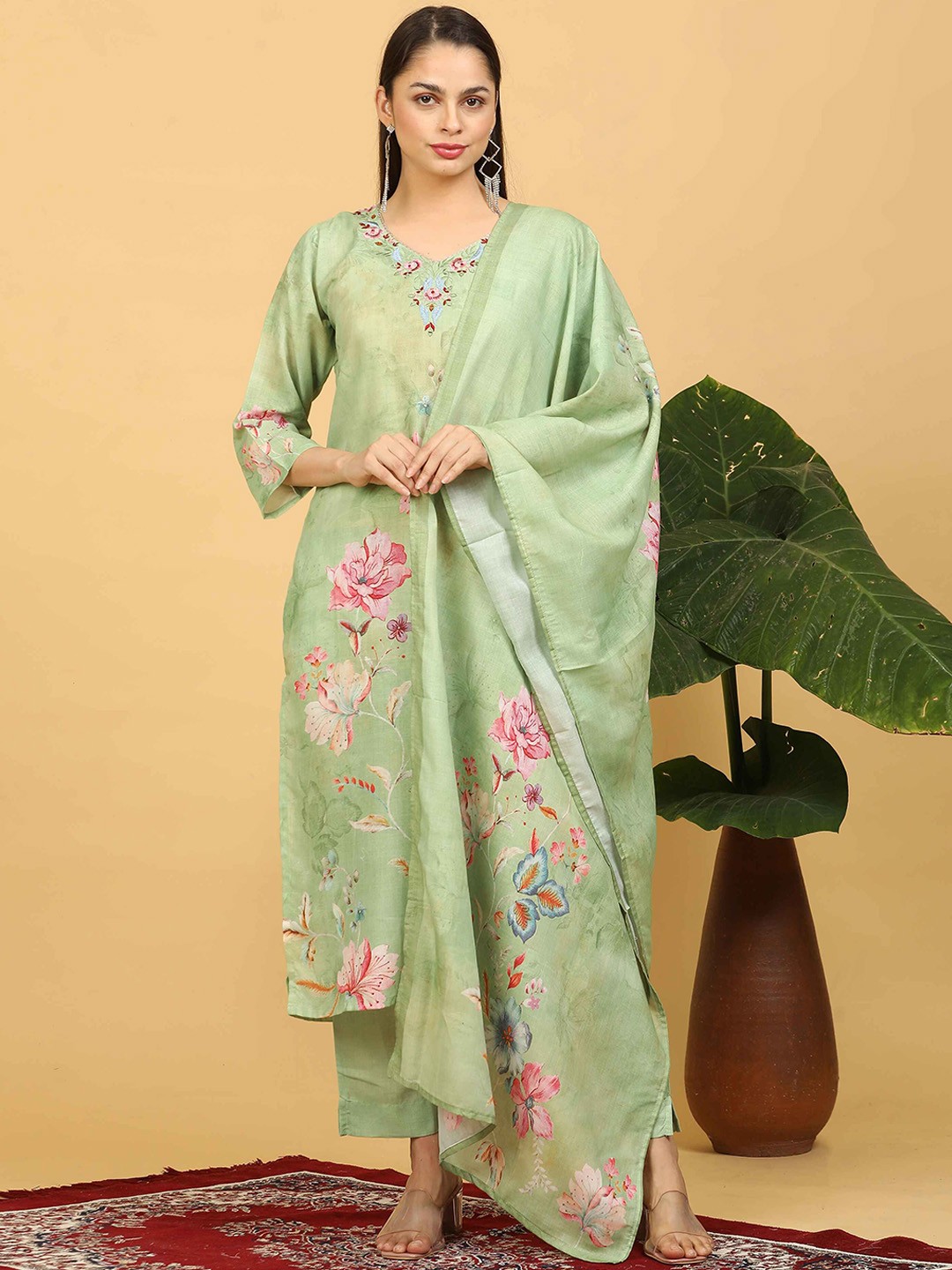 

GOLDSTROMS Printed Embroidered Thread Work Linen Straight Kurta With Trousers & Dupatta, Green