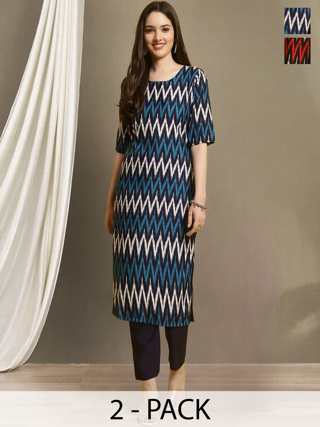 

Moda Rapido Selection Of 2 Geometric Printed Round Neck Straight Kurtas With Trousers, Blue