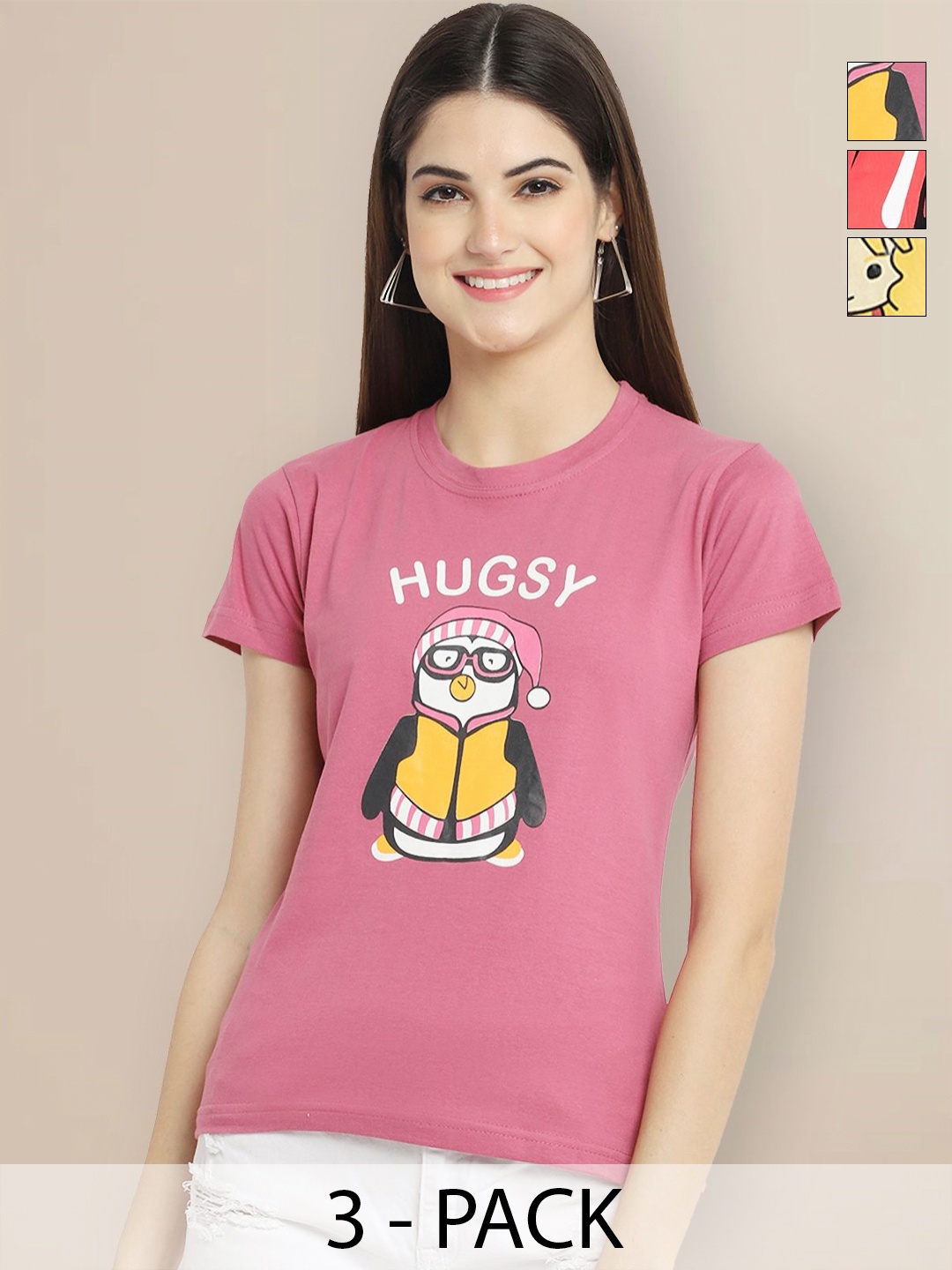 

Metronaut Women Pack of 3 Graphic Printed Round Neck Cotton T-shirts, Mauve