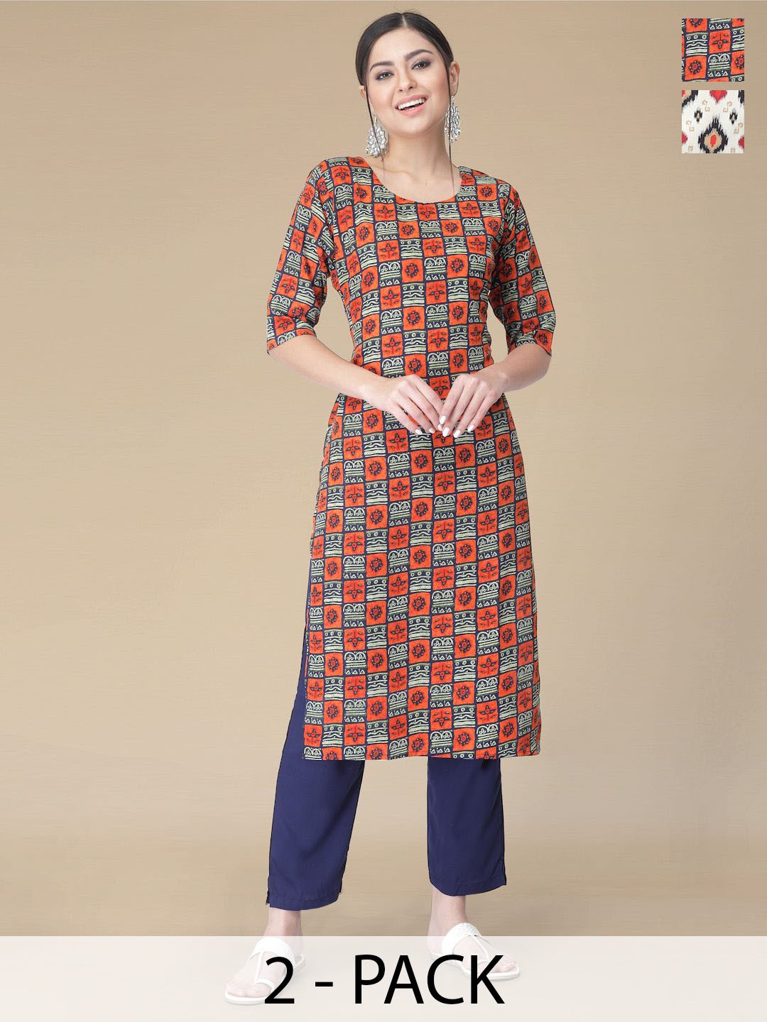 

Moda Rapido Selection Of 2 Ethnic Motifs Printed Straight Kurta With Trousers, Orange