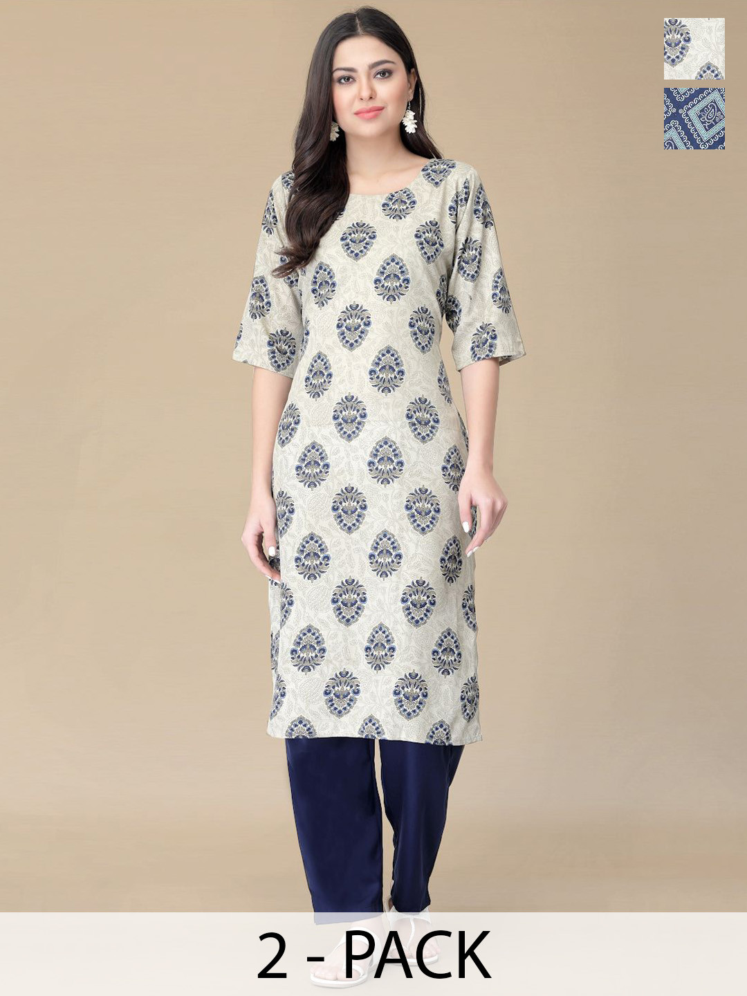 

Moda Rapido Selection Of 2 Ethnic Motifs Printed Round Neck Straight Kurtas With Trousers, Blue