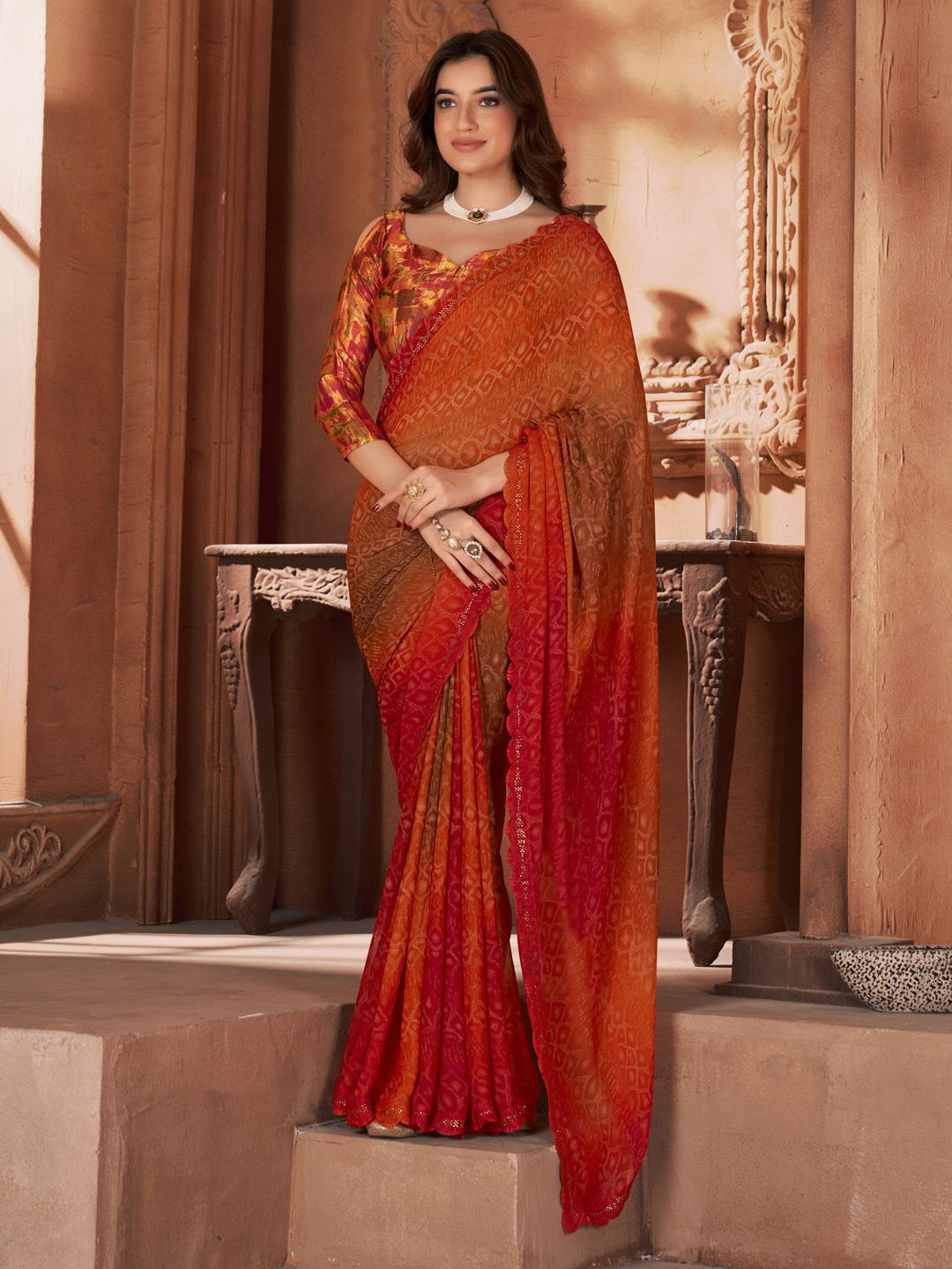 

Anouk Rustic Beads and Stones Poly Georgette Saree, Red