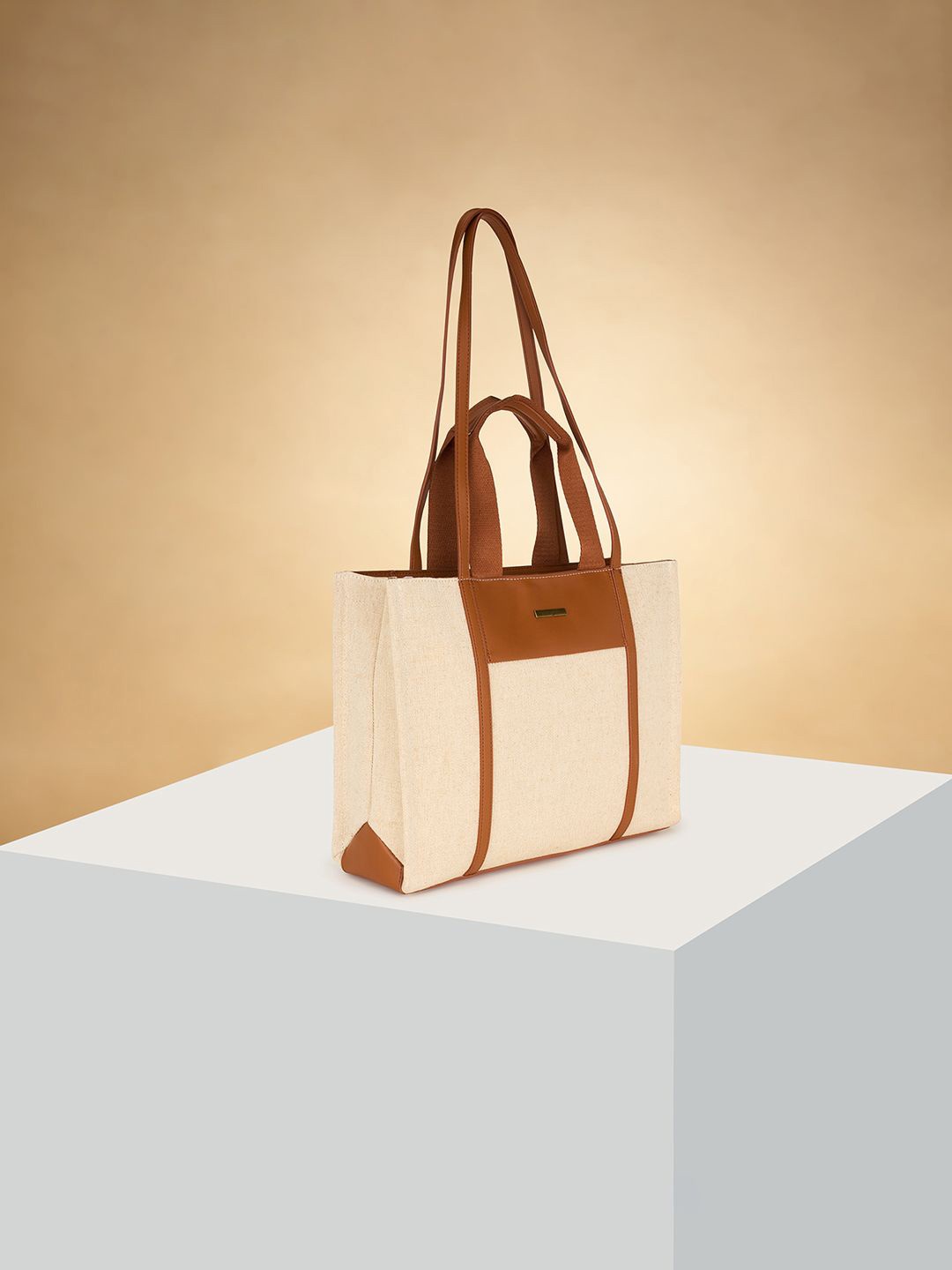

Forever Glam by Pantaloons Colourblocked Oversized Structured Tote Bag with Cut Work, Beige