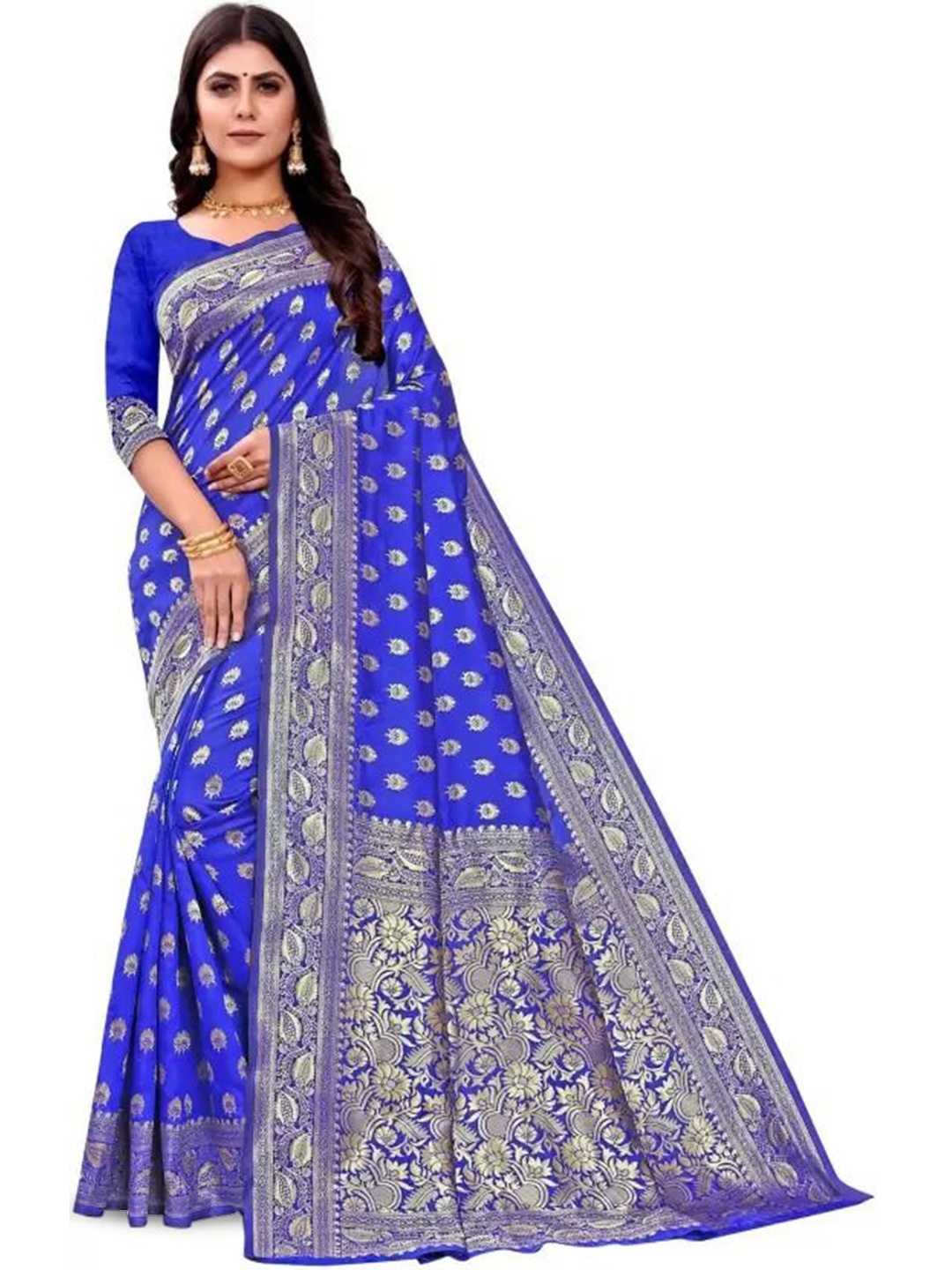 

KALINI Woven Design Zari Pure Silk Kanjeevaram Saree, Blue