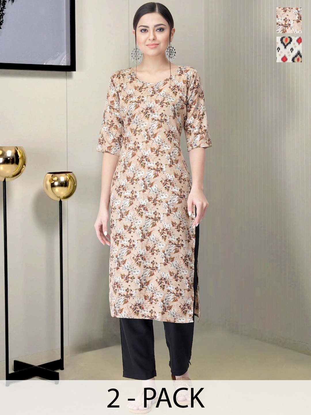 

Moda Rapido Selection of 2 Floral Printed Straight Kurtas With Trousers, Beige