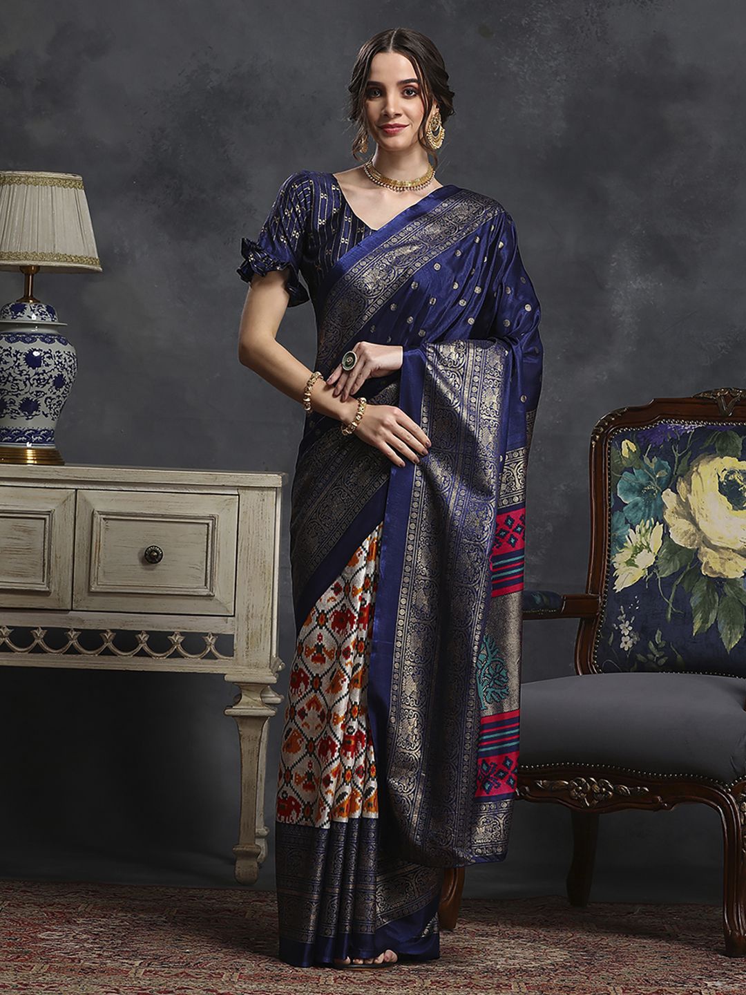 

Anouk Rustic Polka Dot Zari Silk Blend Ikat Saree, Navy blue