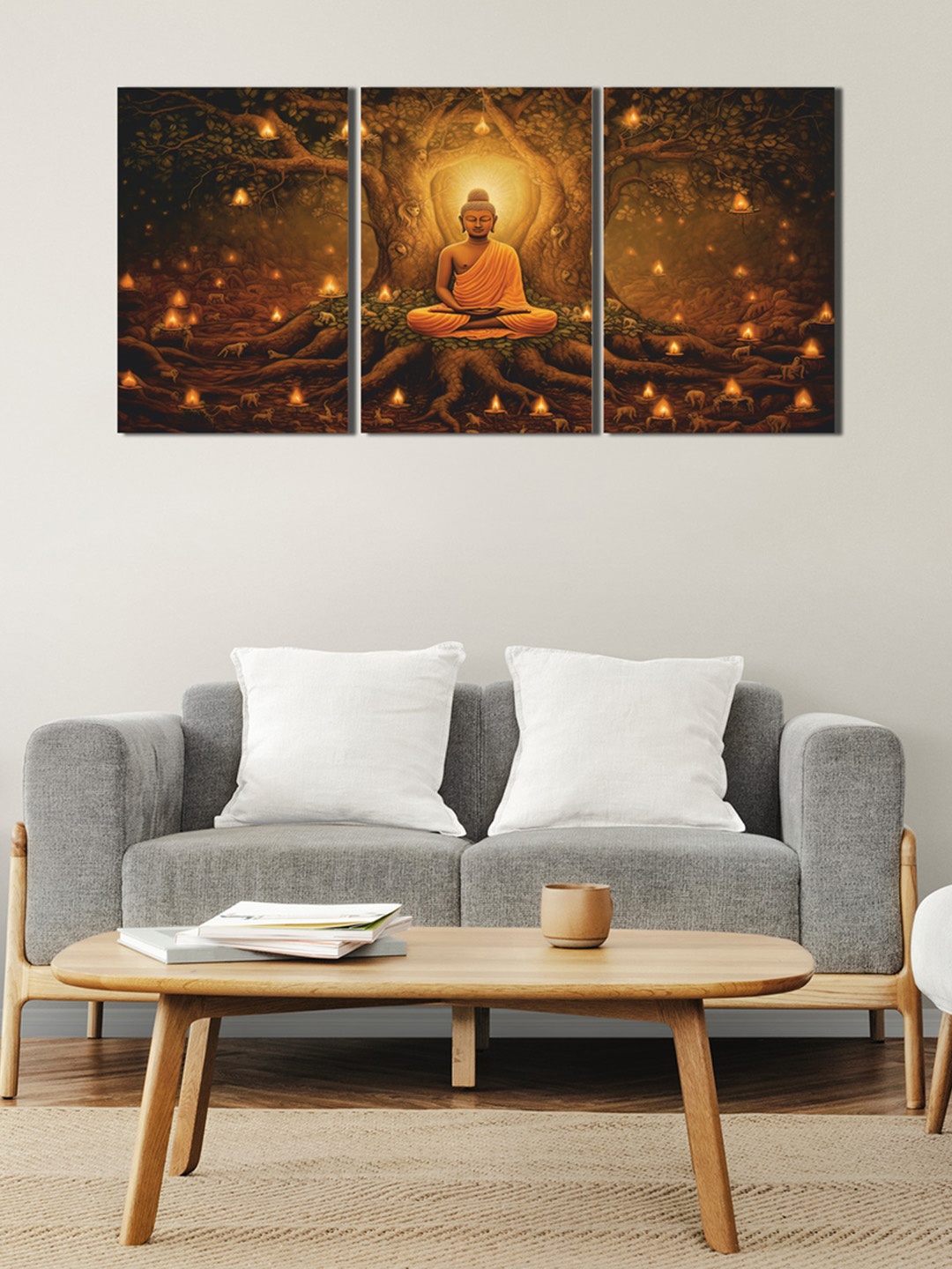 

CVANU Brown & Gold Toned 3 Pieces Lord Buddha Wooden Wall Paintings