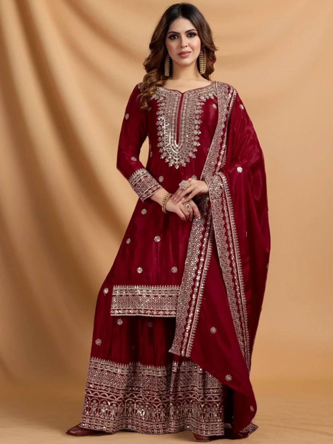 

KALINI Floral Embroidered Sweetheart Neck Zari Straight Kurta With Palazzos & Dupatta, Red