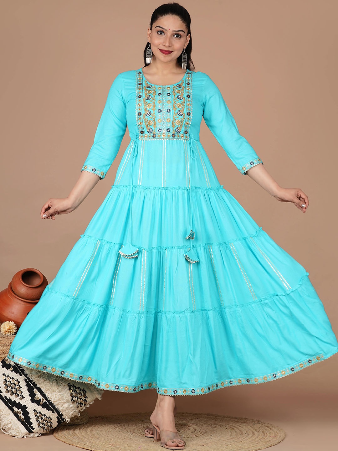 

Moda Rapido Ethnic Motifs Embroidered A Line Ethnic Dress, Turquoise blue