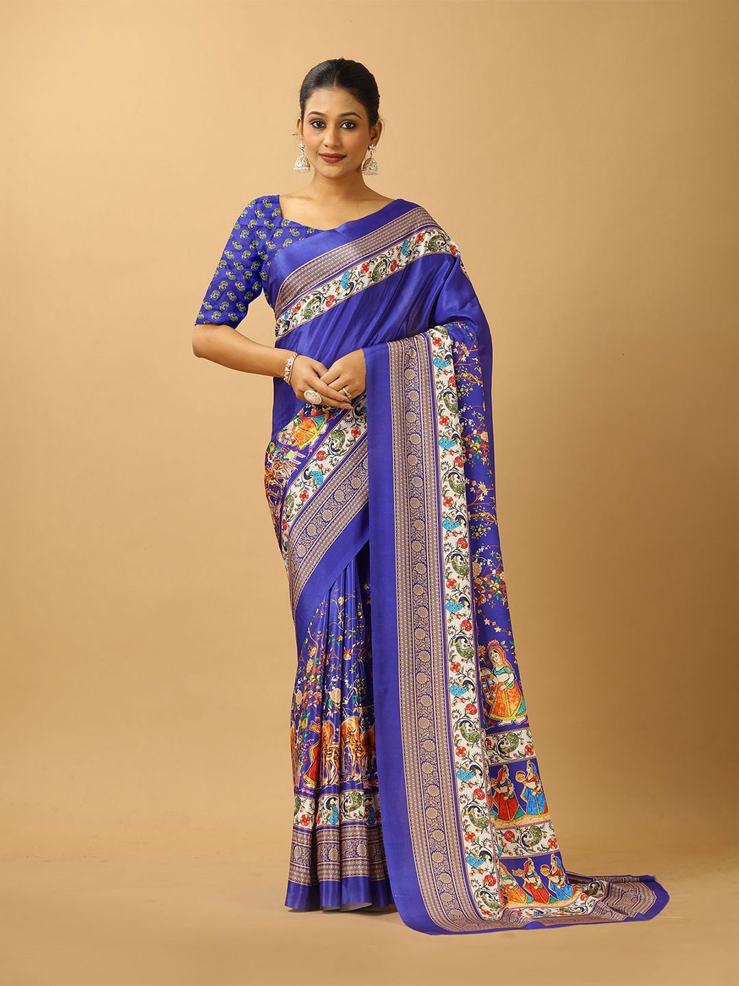 

VIRENDRA TEXTILES Floral Pure Crepe Saree, Blue