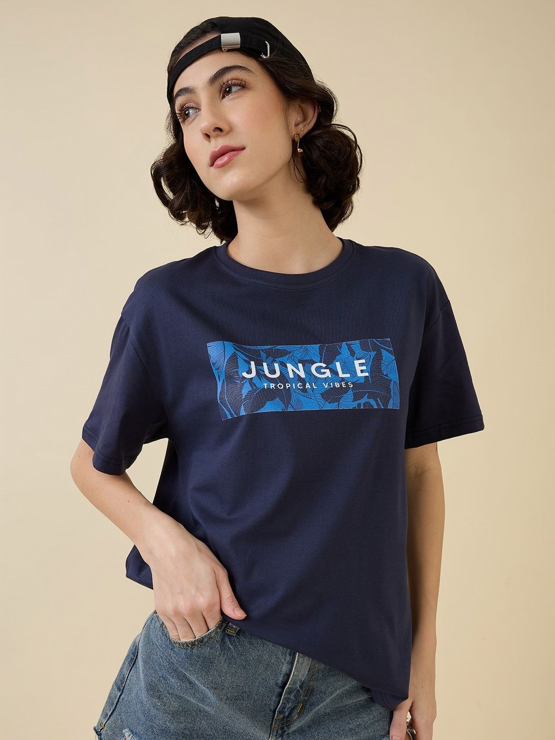 

Mast & Harbour Women Printed T-shirt, Navy blue