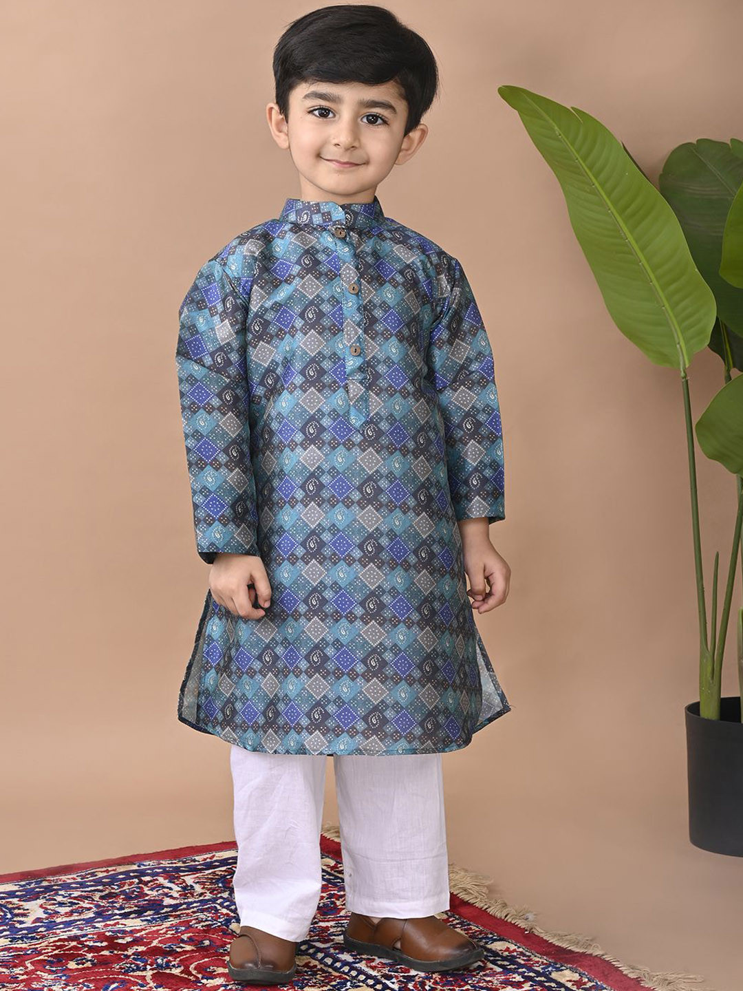 

Here&Now X Kinder Kids Boys Ethnic Motifs Printed Mandarin Collar Kurta With Pyjamas, Blue
