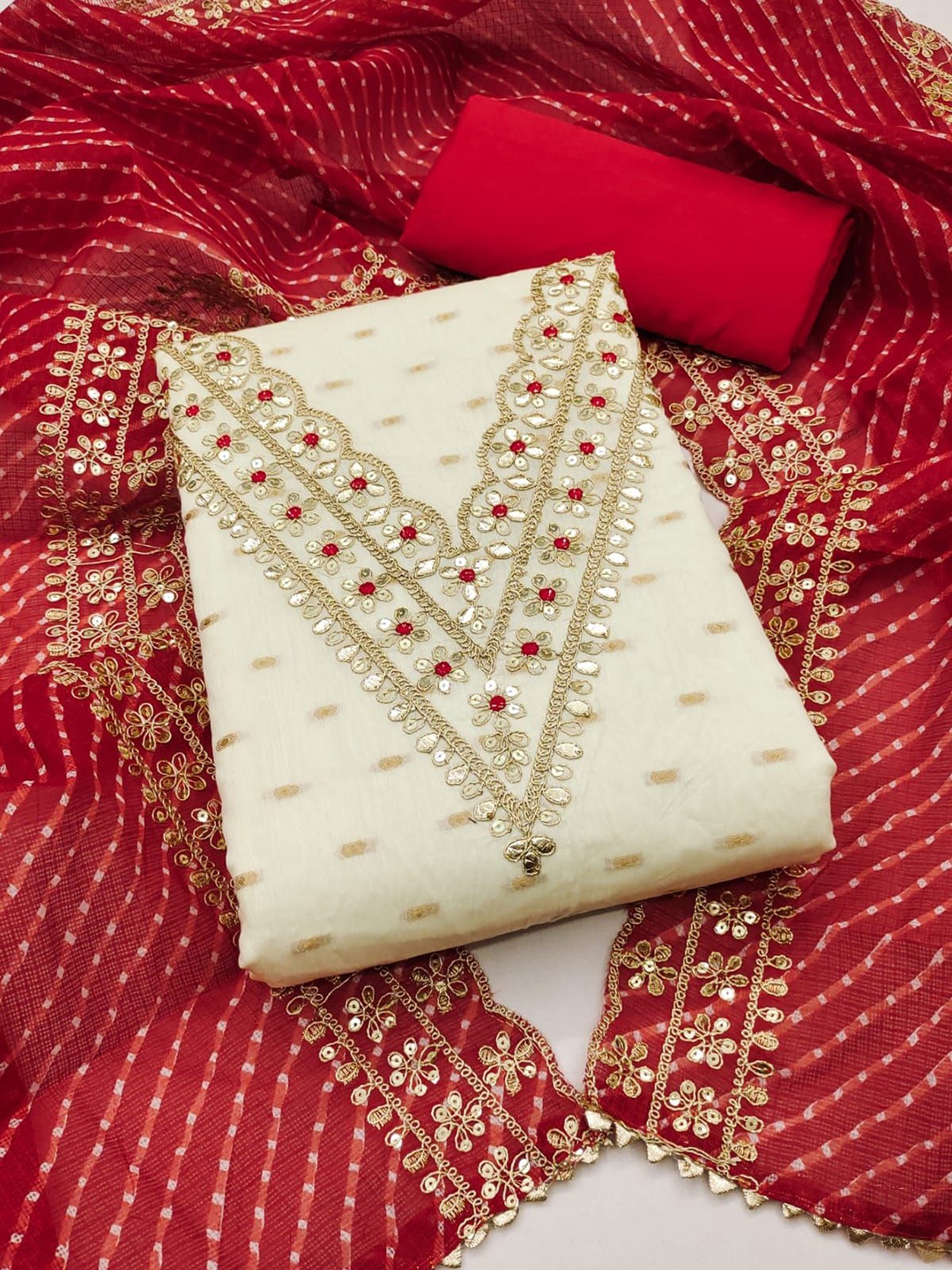 

Rangtulika Ethnics Motifs Embroidered Zari Unstitched Dress Material, White