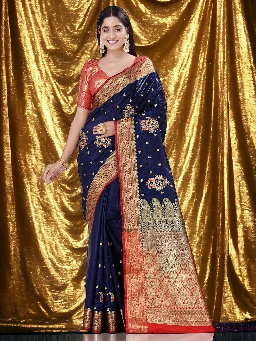 

GS CREATION Woven Design Zari Satin Banarasi Saree, Navy blue