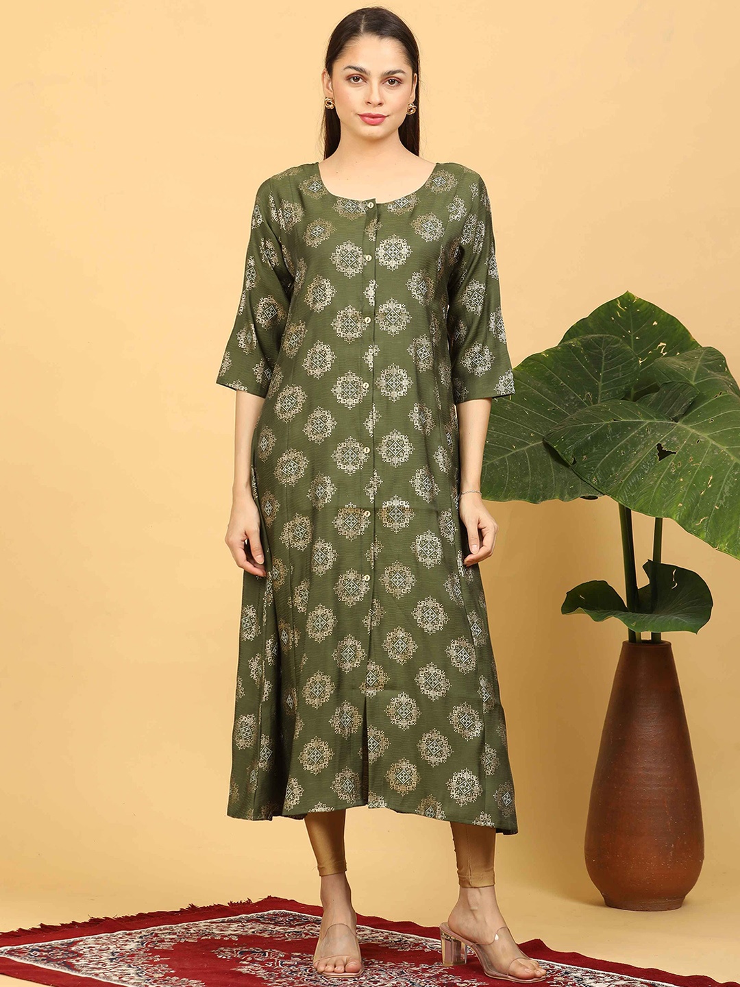 

GOLDSTROMS Ethnic Motifs Printed Silk Straight Kurta, Olive