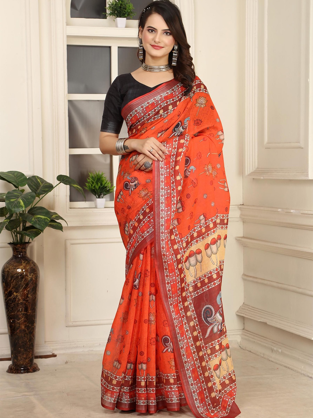 

Quelea Floral Linen Blend Khadi Saree, Orange