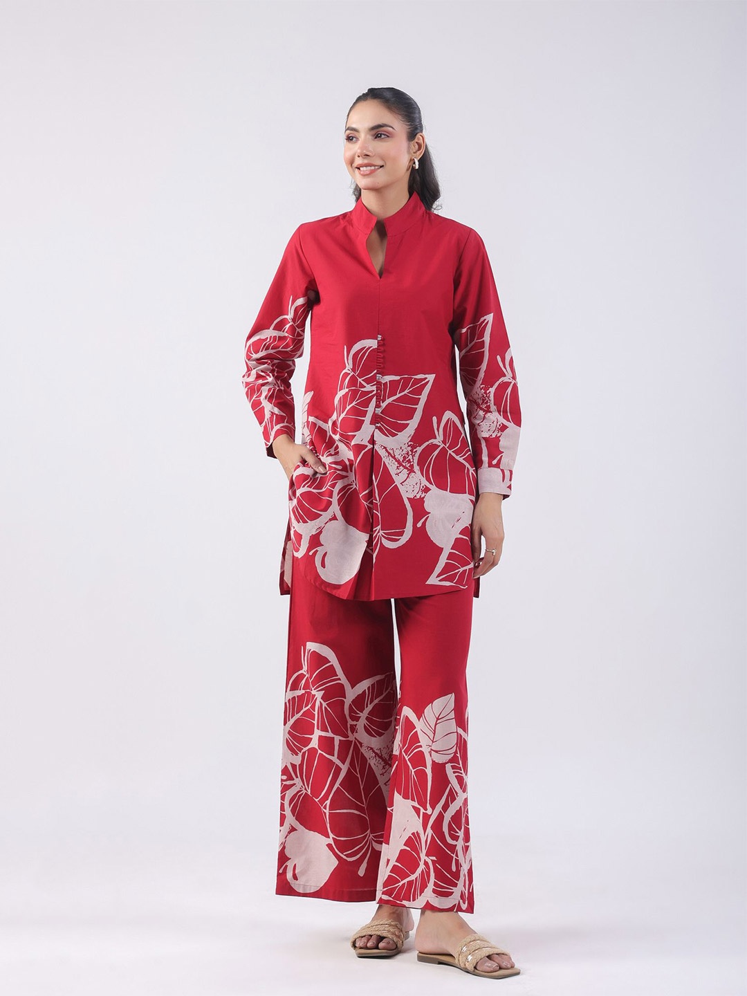 

JISORA Printed Mandarin Collar Pure Cotton Tunic With Palazzos Co-Ords Set, Red