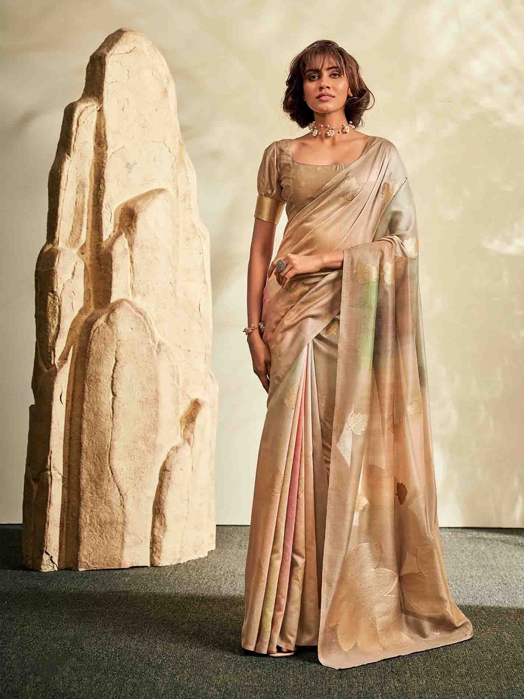

Mitera Woven Design Zari Silk Blend Saree, Beige