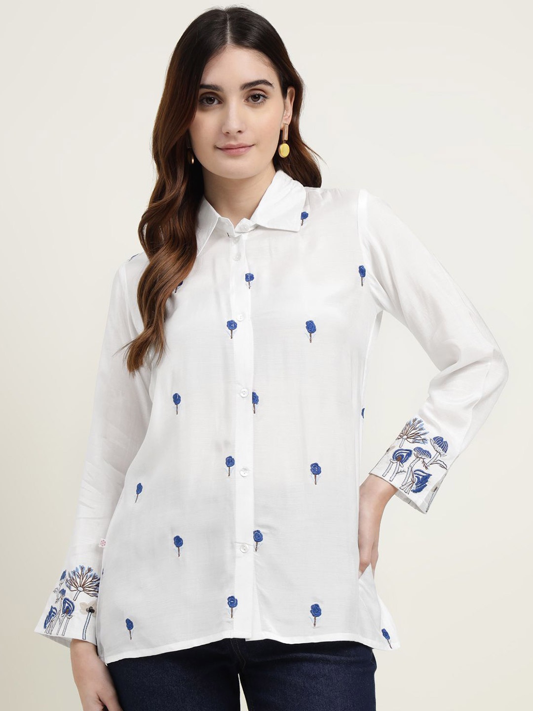 

ZARI Jaipur Silk Blend Shirt with Blue Embroidery Top, White