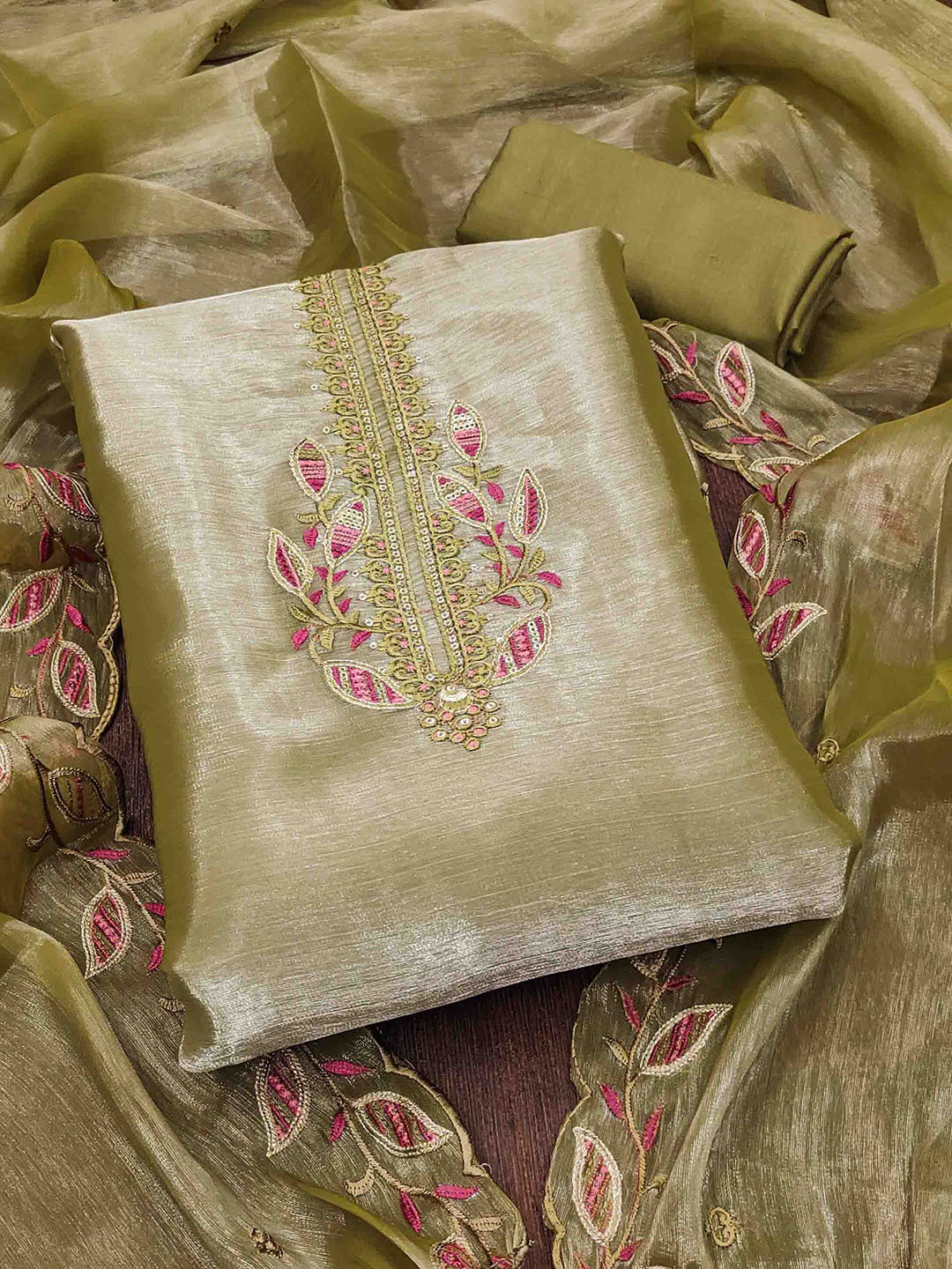 

Blissta Embroidered Silk Chiffon Unstitched Dress Material, Green